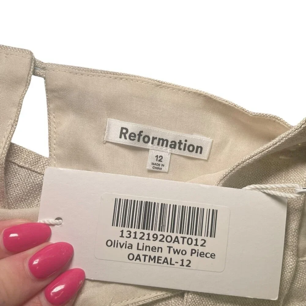 Reformation Olivia Linen Two Piece Set Size 12 NWT Oatmeal Crop Top & High Waist